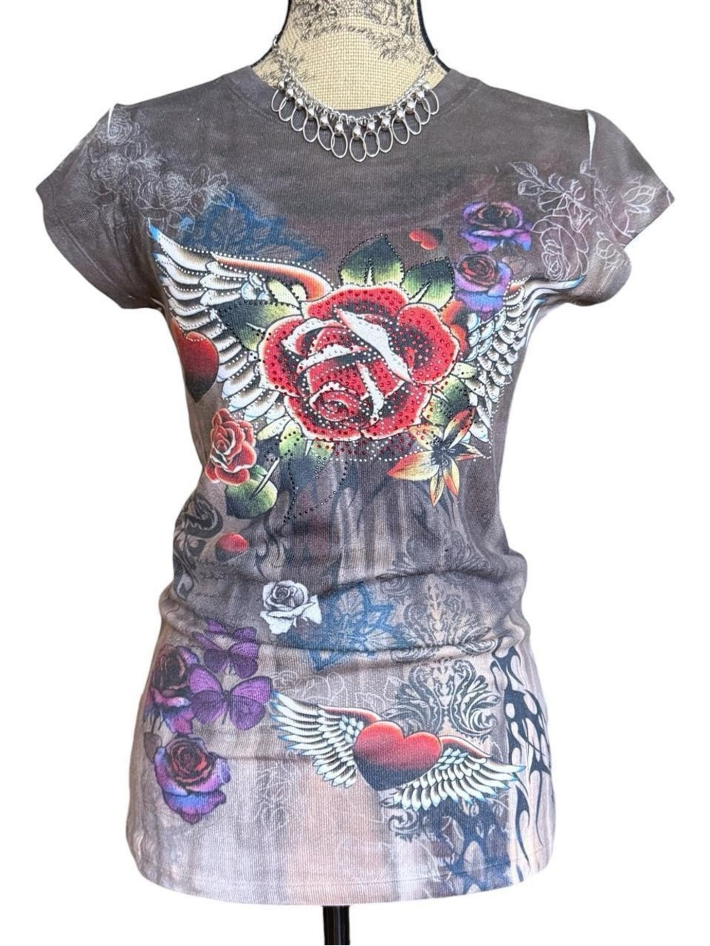 Y2K Gray Floral Butterfly Graphic Tee with Rhinestones Size L